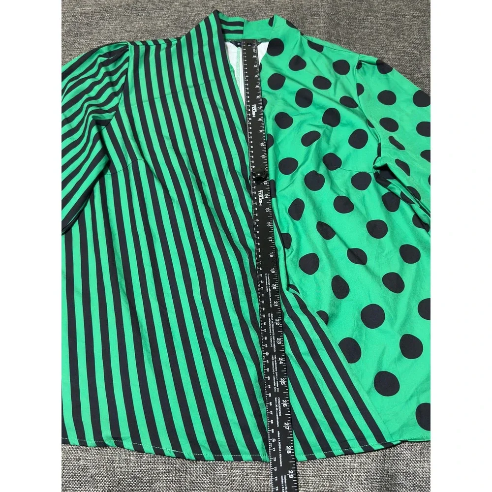 ChicMe Women's 2XL Blouse‎ Green Black Polka Dot Striped Long Sleeve V-Neck